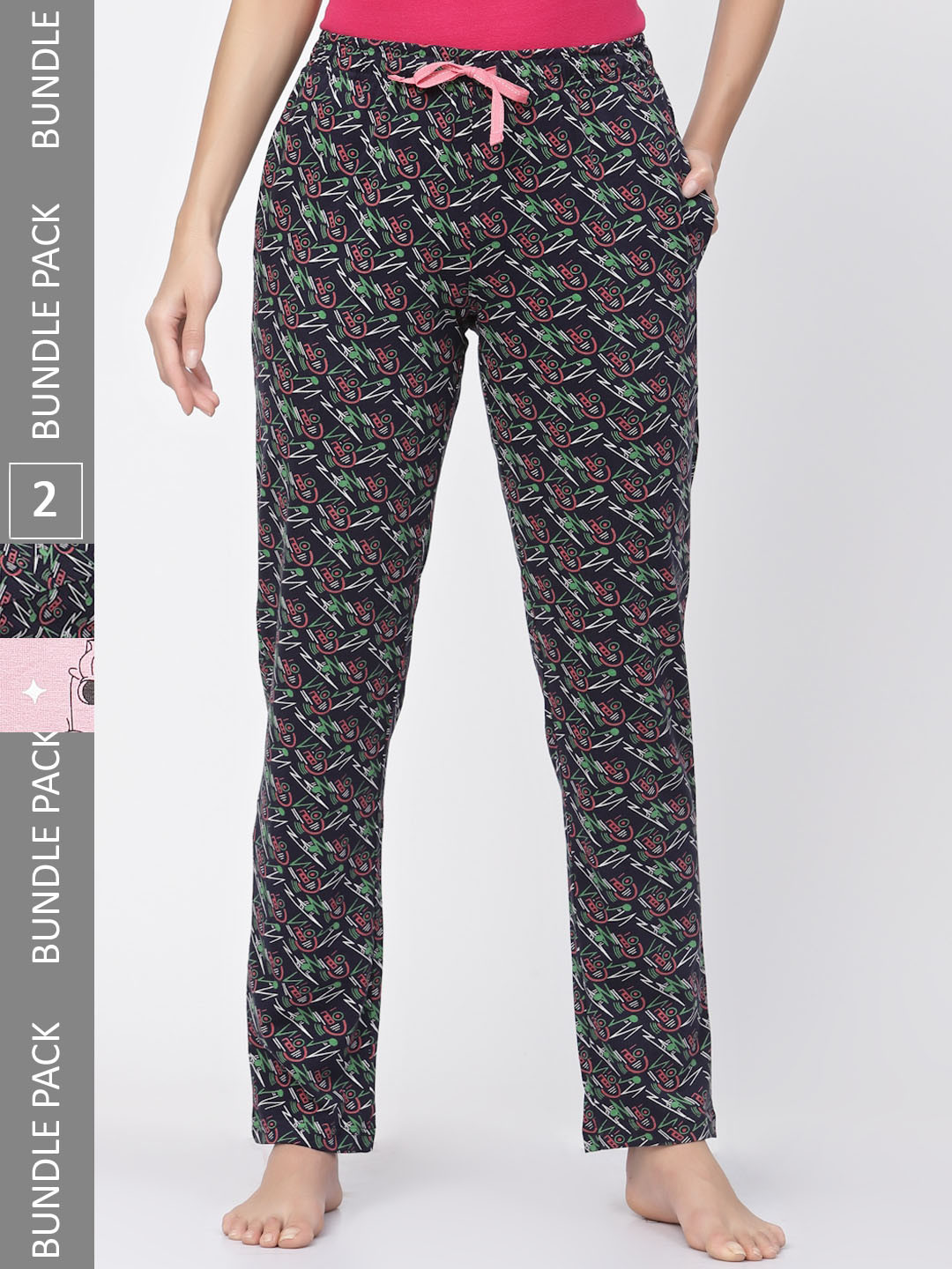 

Sweet Dreams Women Black & Pink Pack Of 2 Printed Pure Cotton Lounge Pants