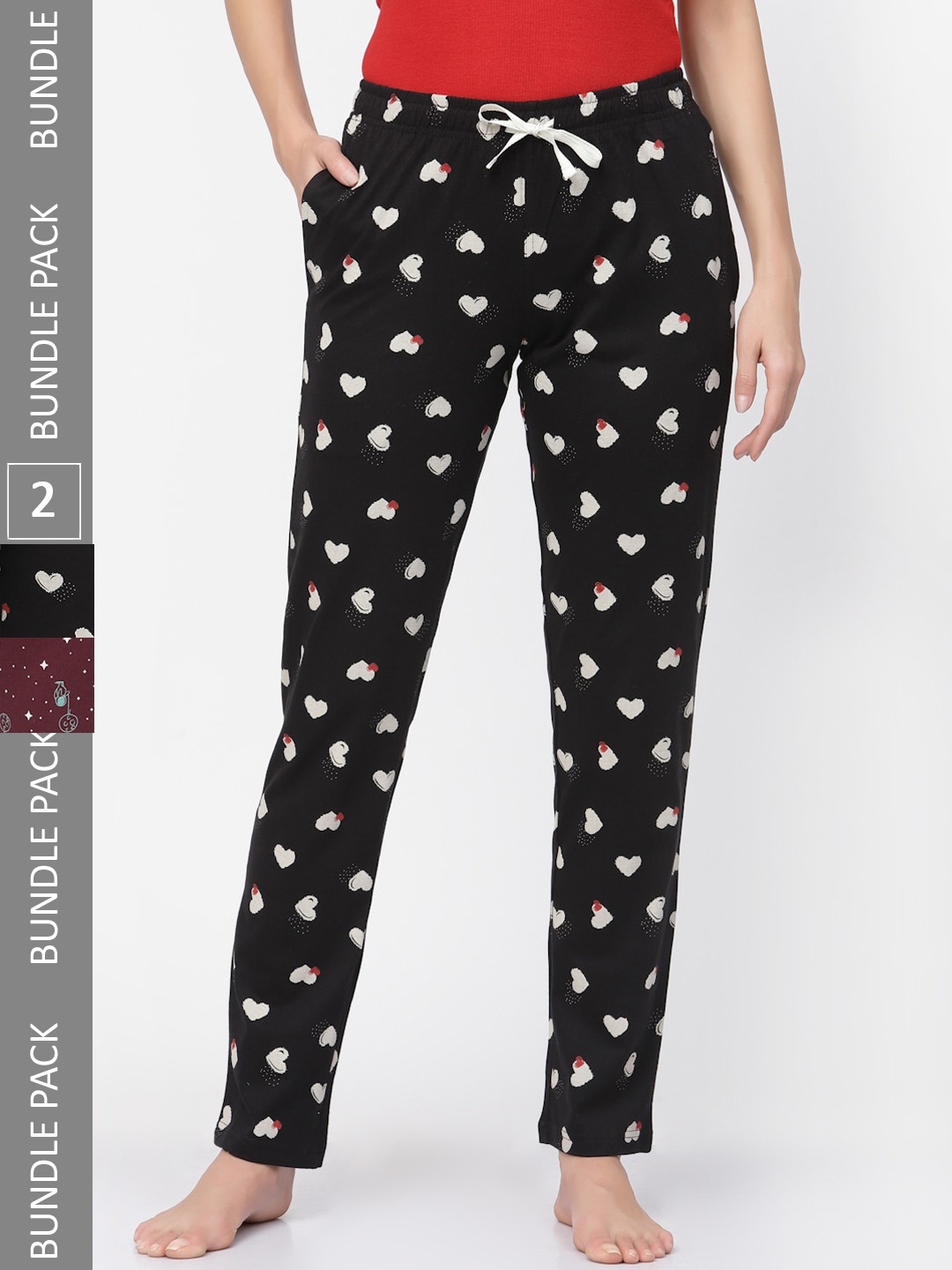 

Sweet Dreams Women Black & Maroon Pack Of 2 Printed Pure Cotton Lounge Pants