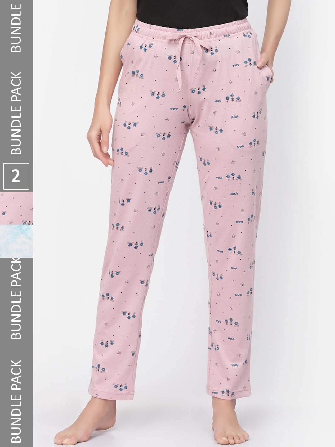 

Sweet Dreams Women Pink & Blue Pack Of 2 Printed Pure Cotton Lounge Pants