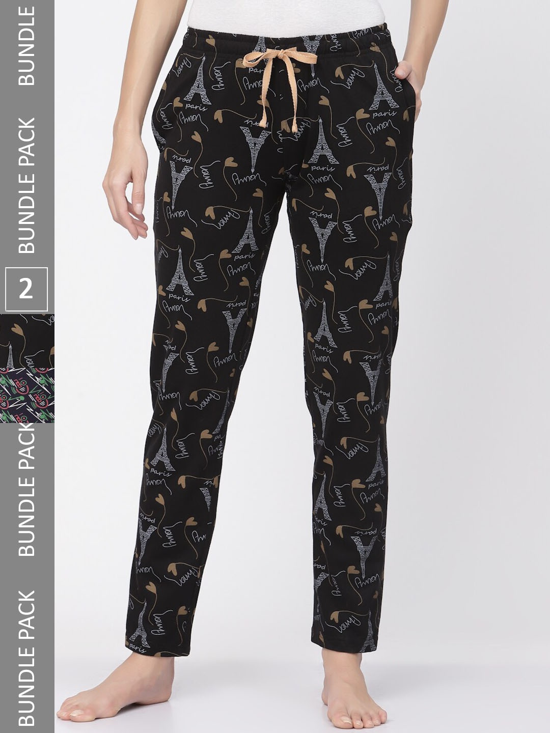 

Sweet Dreams Women Plus Size Black & Green Pack Of 2 Printed Pure Cotton Lounge Pants