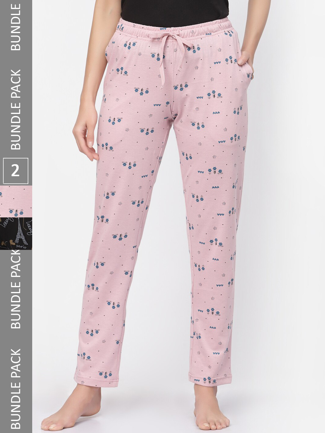 

Sweet Dreams Women Black & Pink Pack Of 2 Printed Pure Cotton Lounge Pants