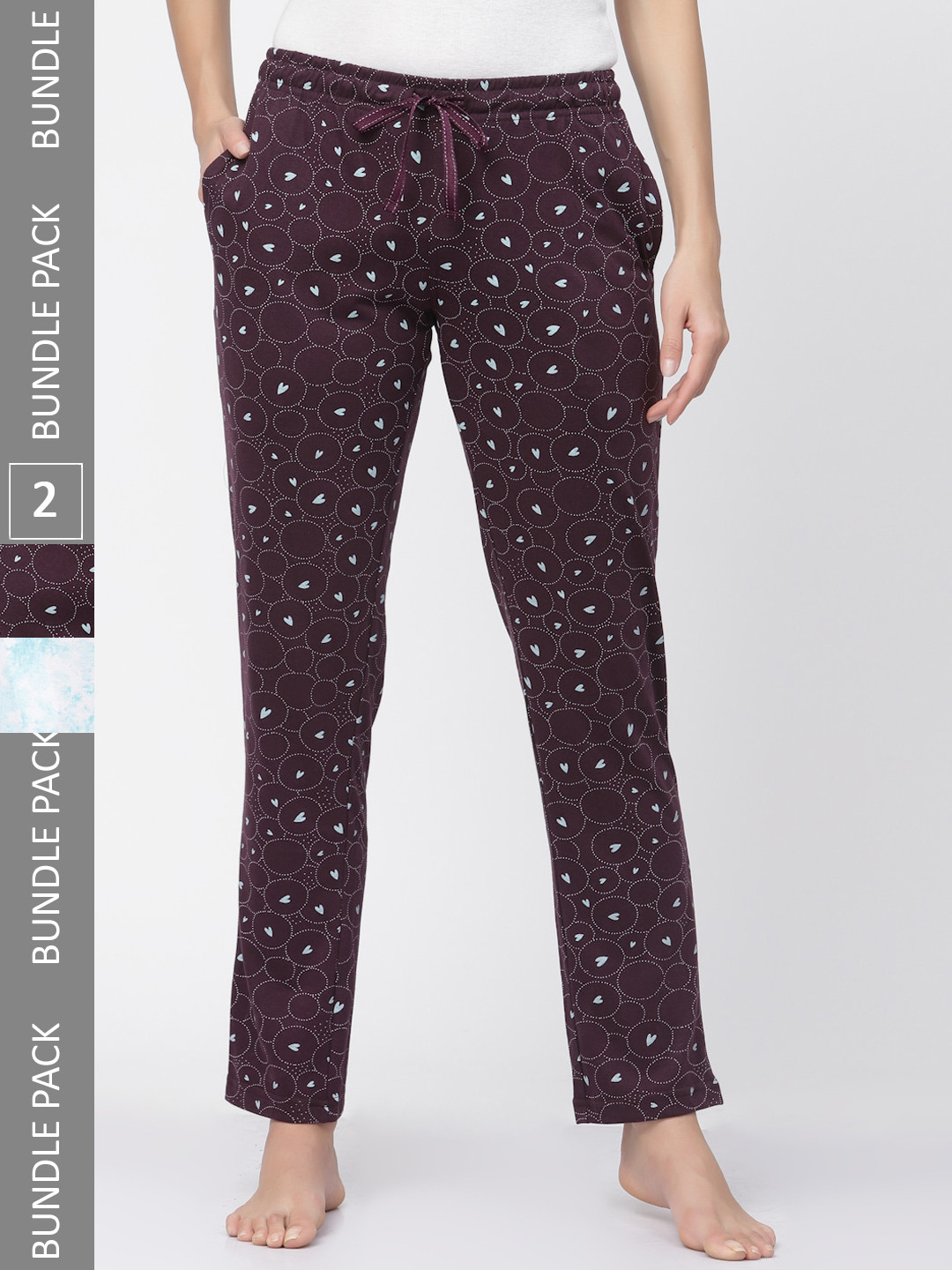 

Sweet Dreams Women Plus Size Blue & Burgundy Pack Of 2 Printed Pure Cotton Lounge Pants