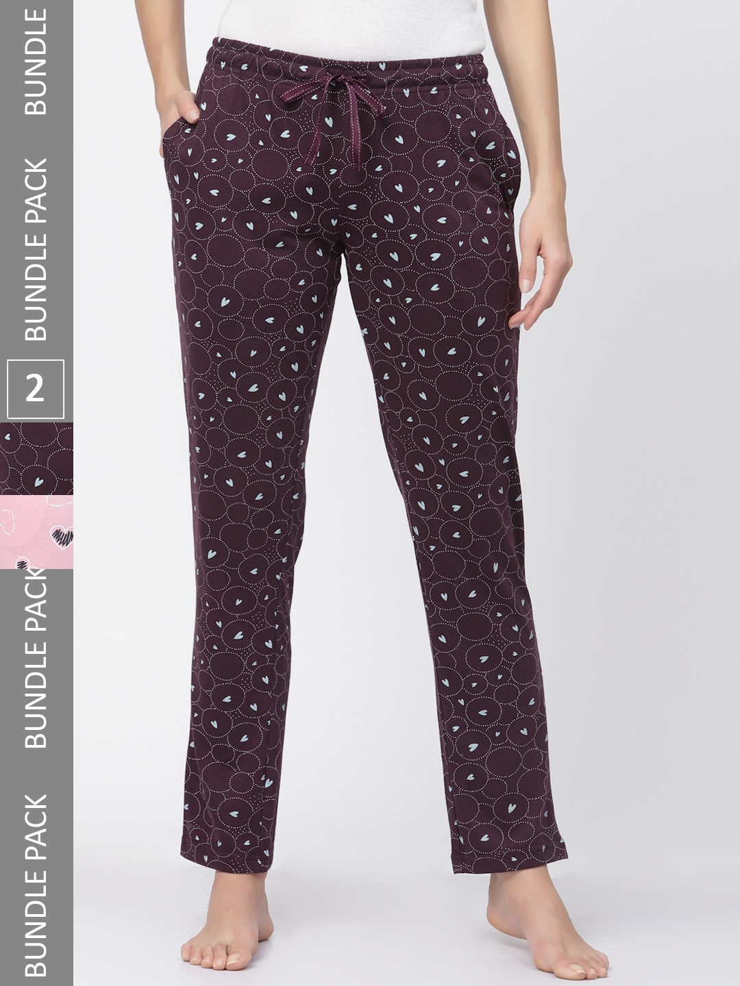 

Sweet Dreams Women Plus Size Pink & Burgundy Pack Of 2 Printed Pure Cotton Lounge Pants