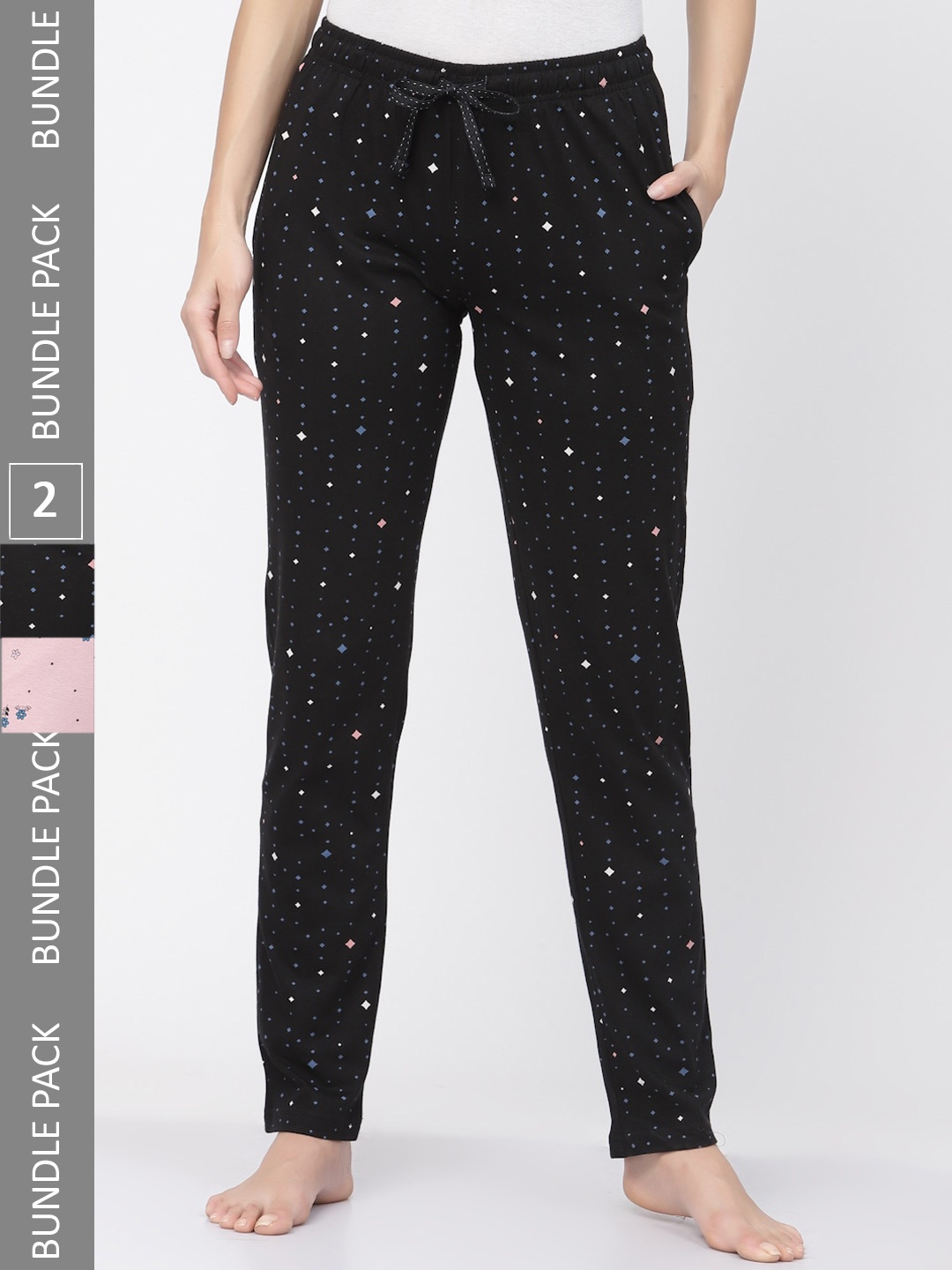 

Sweet Dreams Women Black & Pink Pack Of 2 Printed Pure Cotton Lounge Pants