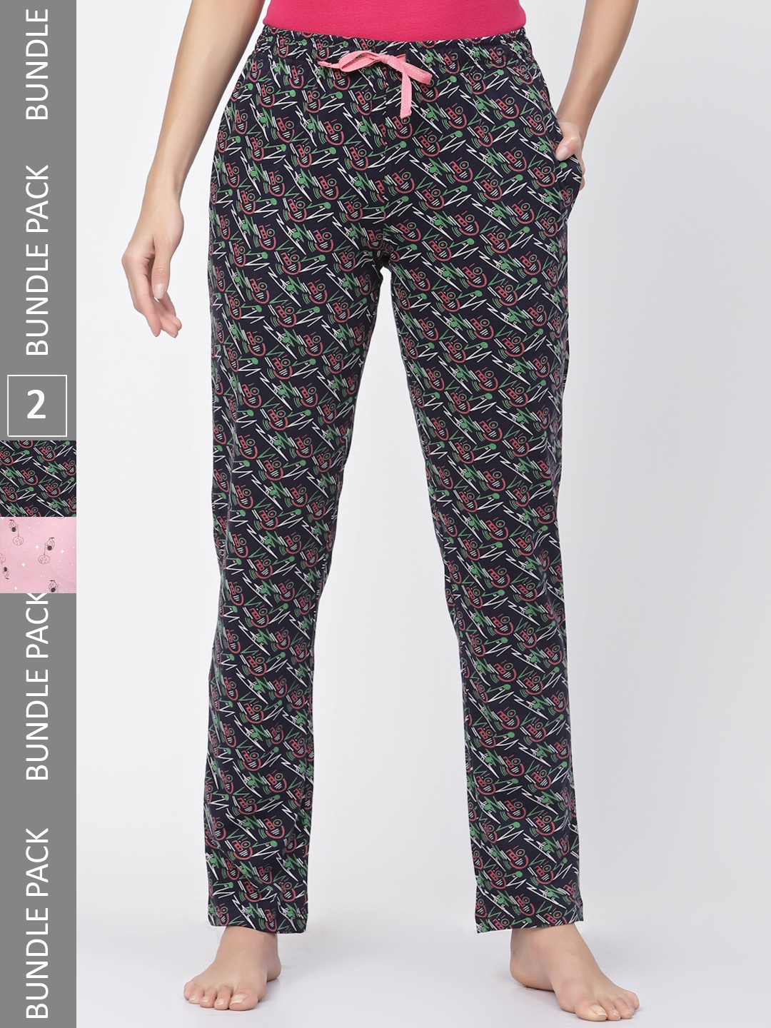 

Sweet Dreams Women Pink & Black Pack Of 2 Printed Pure Cotton Lounge Pants