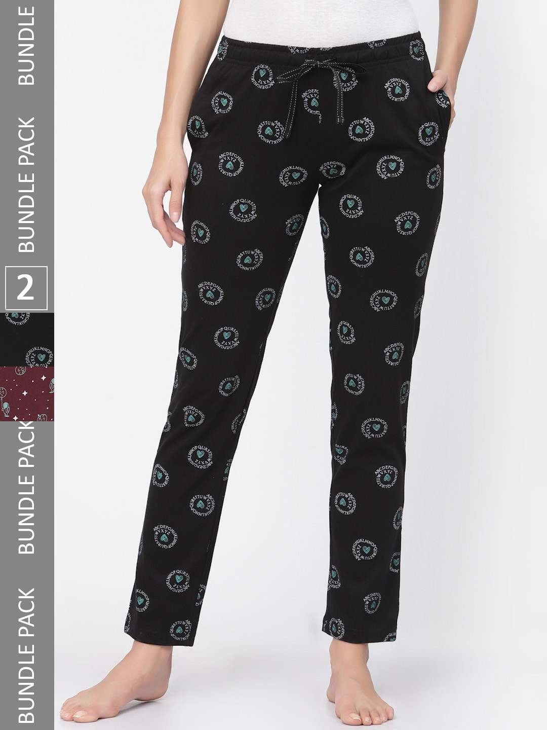 

Sweet Dreams Women Plus Size Pack Of 2 Printed Pure Cotton Lounge Pants, Black