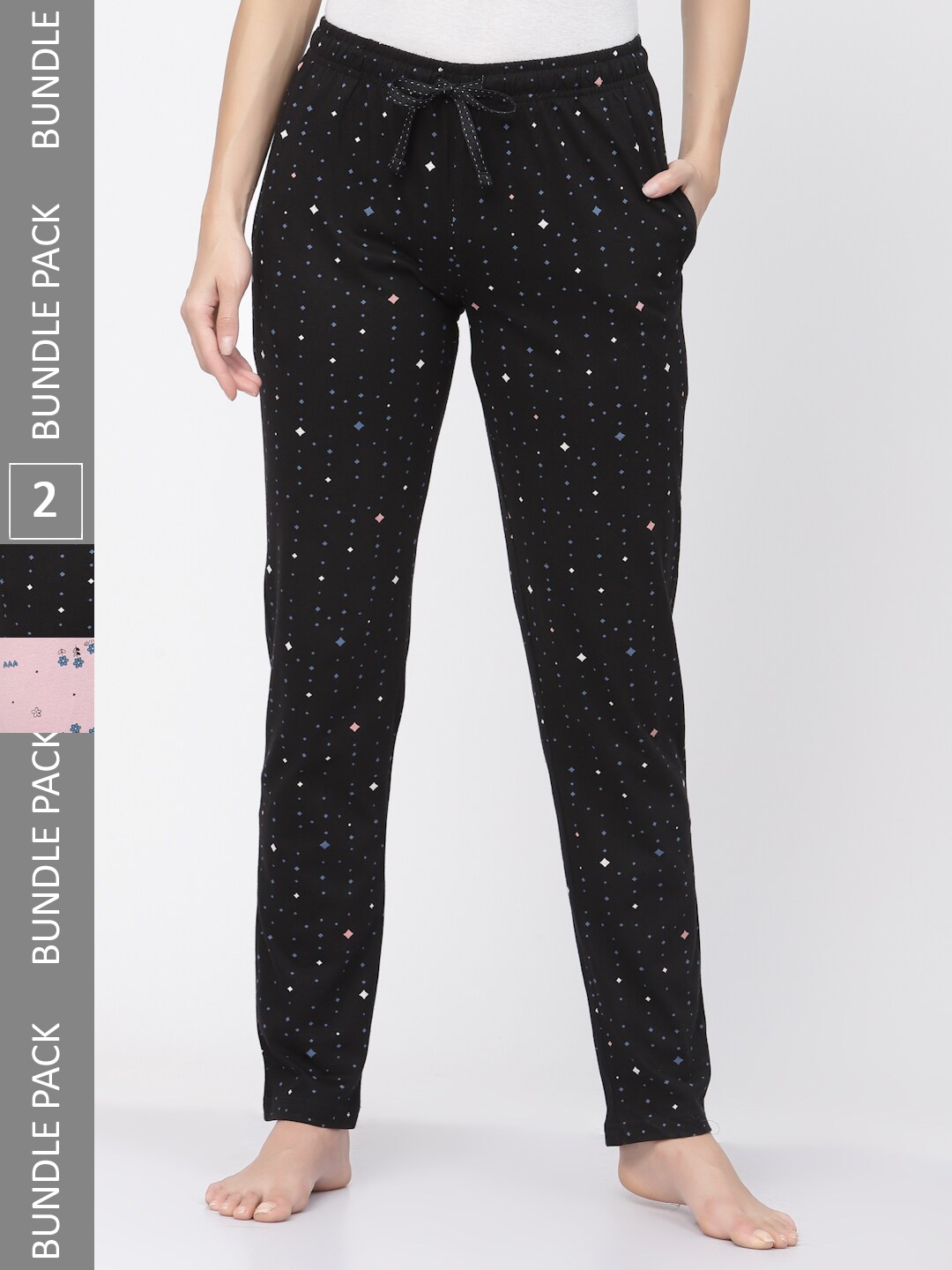 

Sweet Dreams Women Plus Size Black & Pink Pack Of 2 Printed Cotton Lounge Pants
