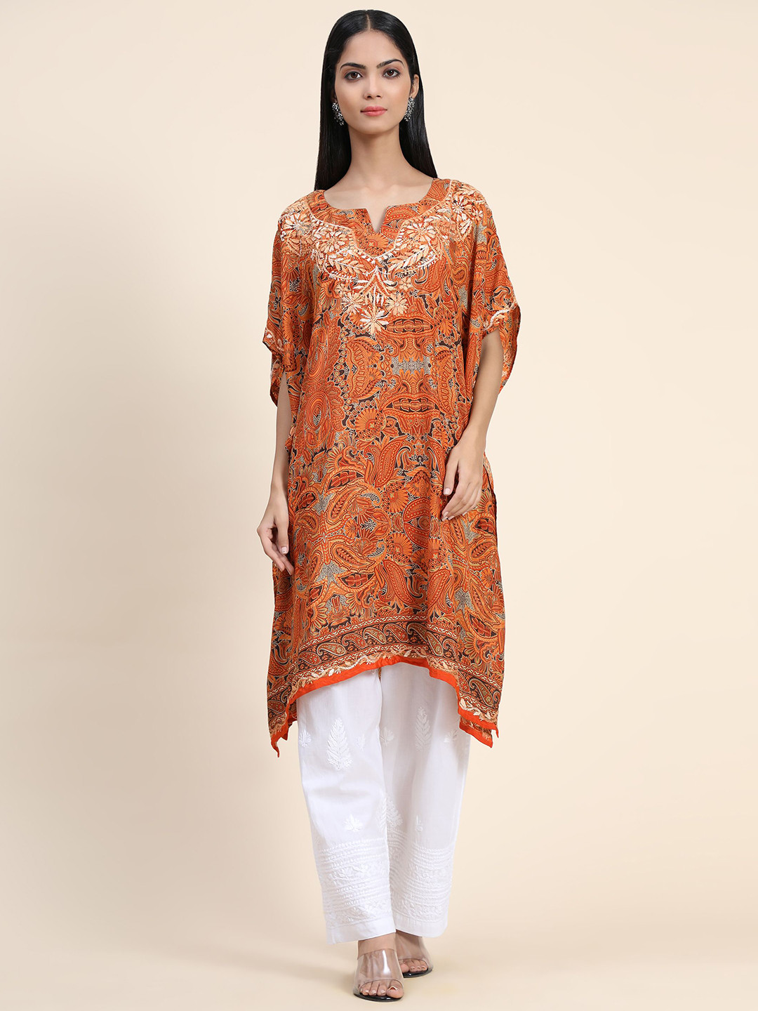 

HOUSE OF KARI Ethnic Motifs Printed Chikankari Embroidery Cotton Kaftan Kurta, Orange