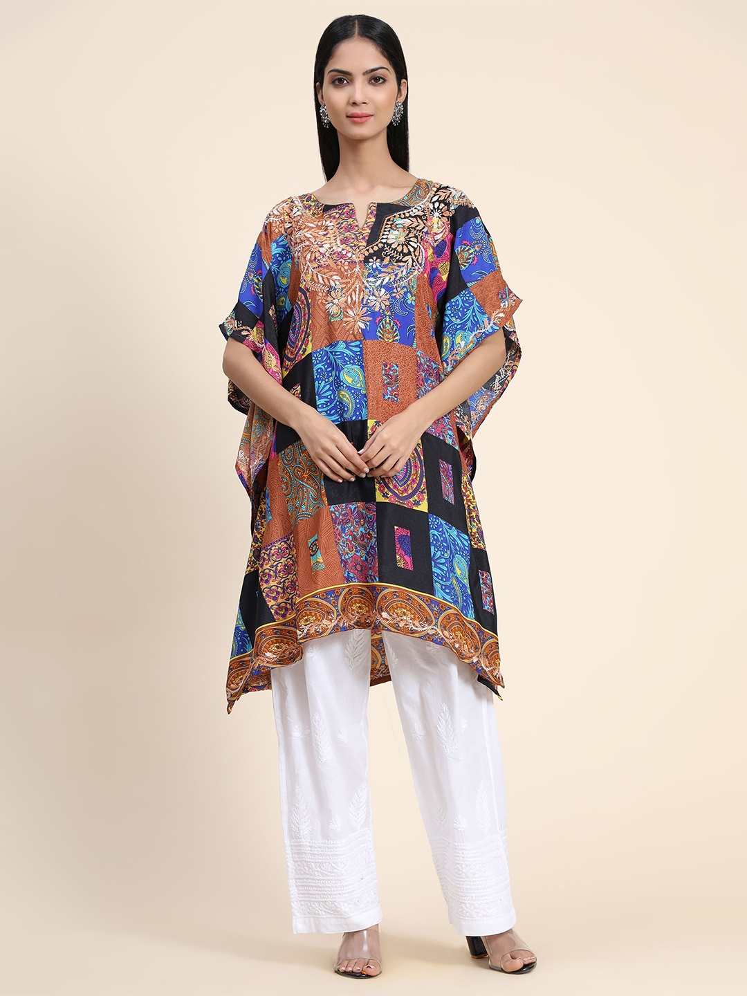

HOUSE OF KARI Ethnic Motifs Printed Chikankari Embroidery Cotton Kaftan Kurta, Blue