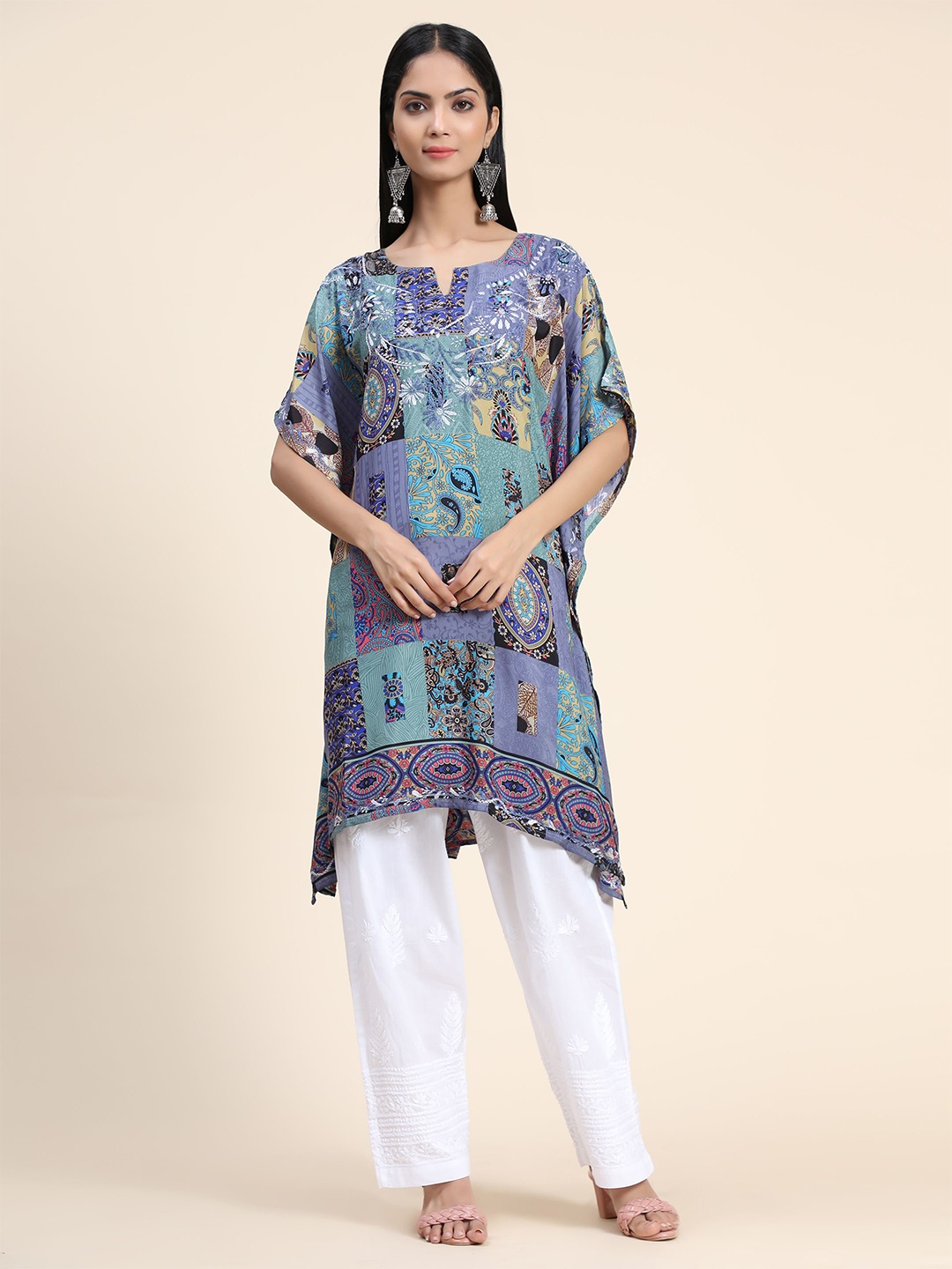 

HOUSE OF KARI Ethnic Motifs Printed Notched Neck Chikankari Embroidery Cotton Kaftan Kurta, Blue