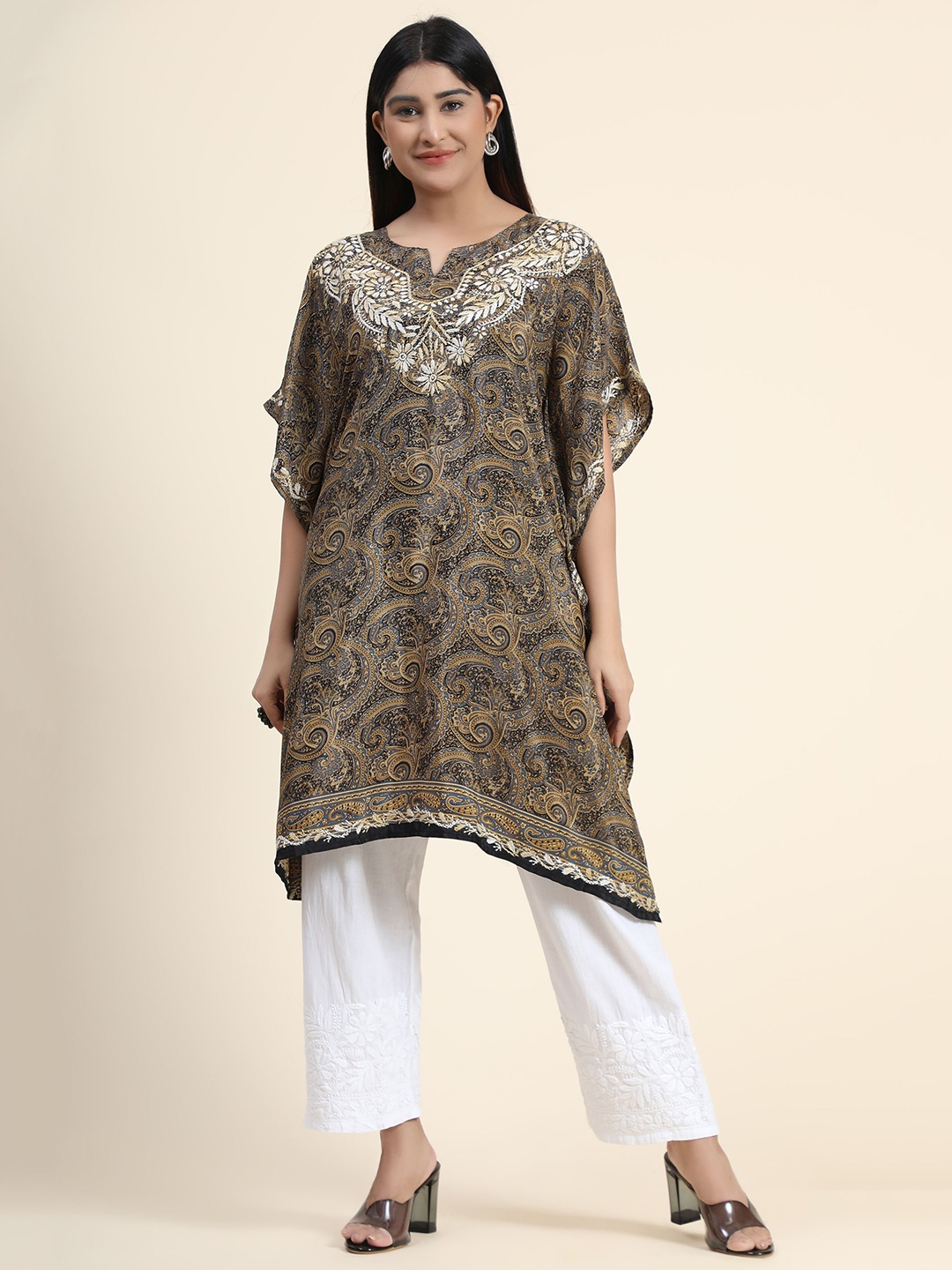 

HOUSE OF KARI Ethnic Motifs Printed Chikankari Embroidery Cotton Kaftan Kurta, Brown