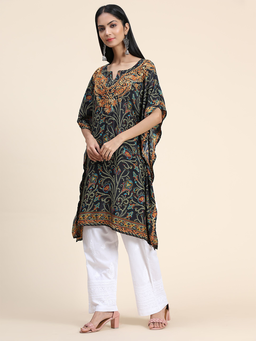 

HOUSE OF KARI Ethnic Motifs Printed Chikankari Embroidery Cotton Kaftan Kurta, Navy blue