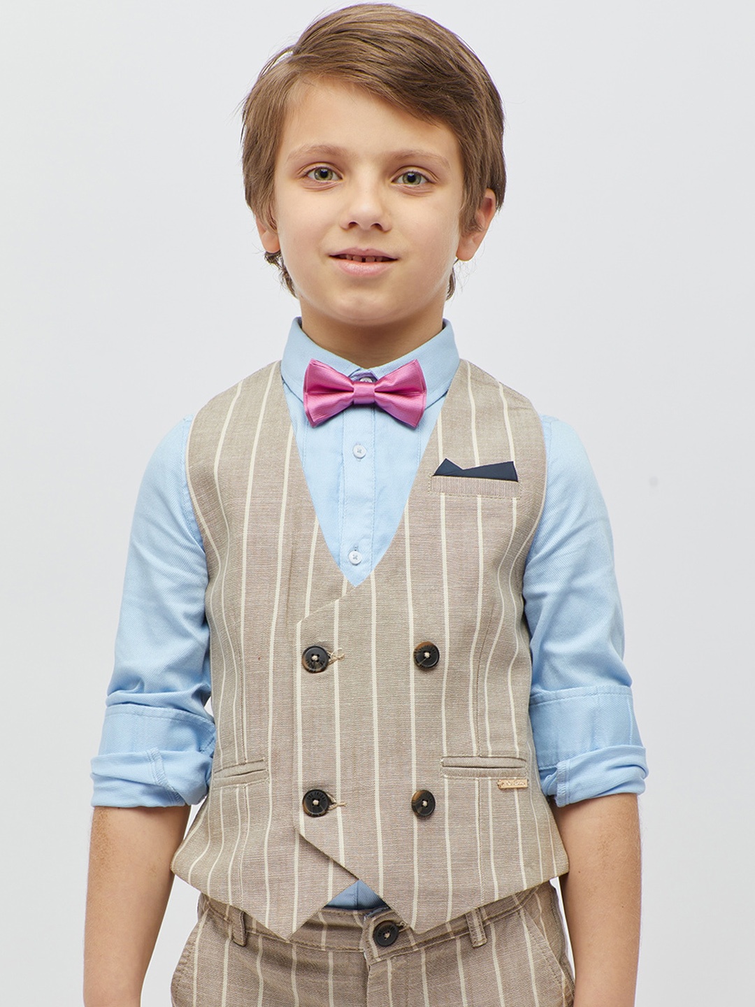 

One Friday Boys Striped Pure Cotton Waistcoat, Beige