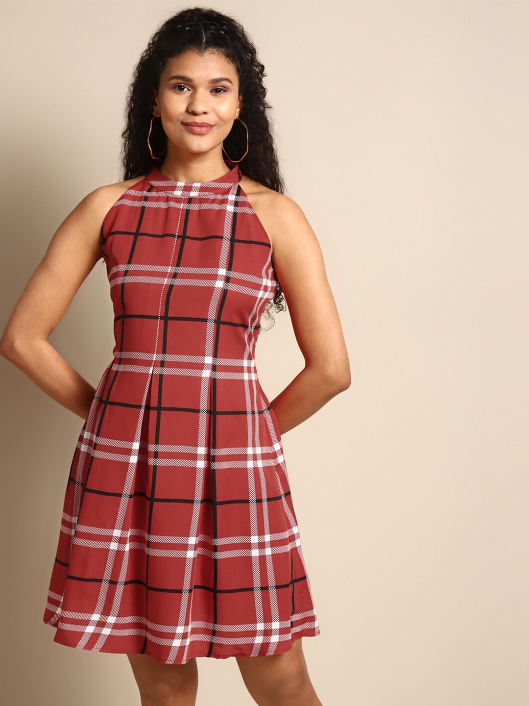 

DODO & MOA Red Checked Crepe Fit & Flare Dress