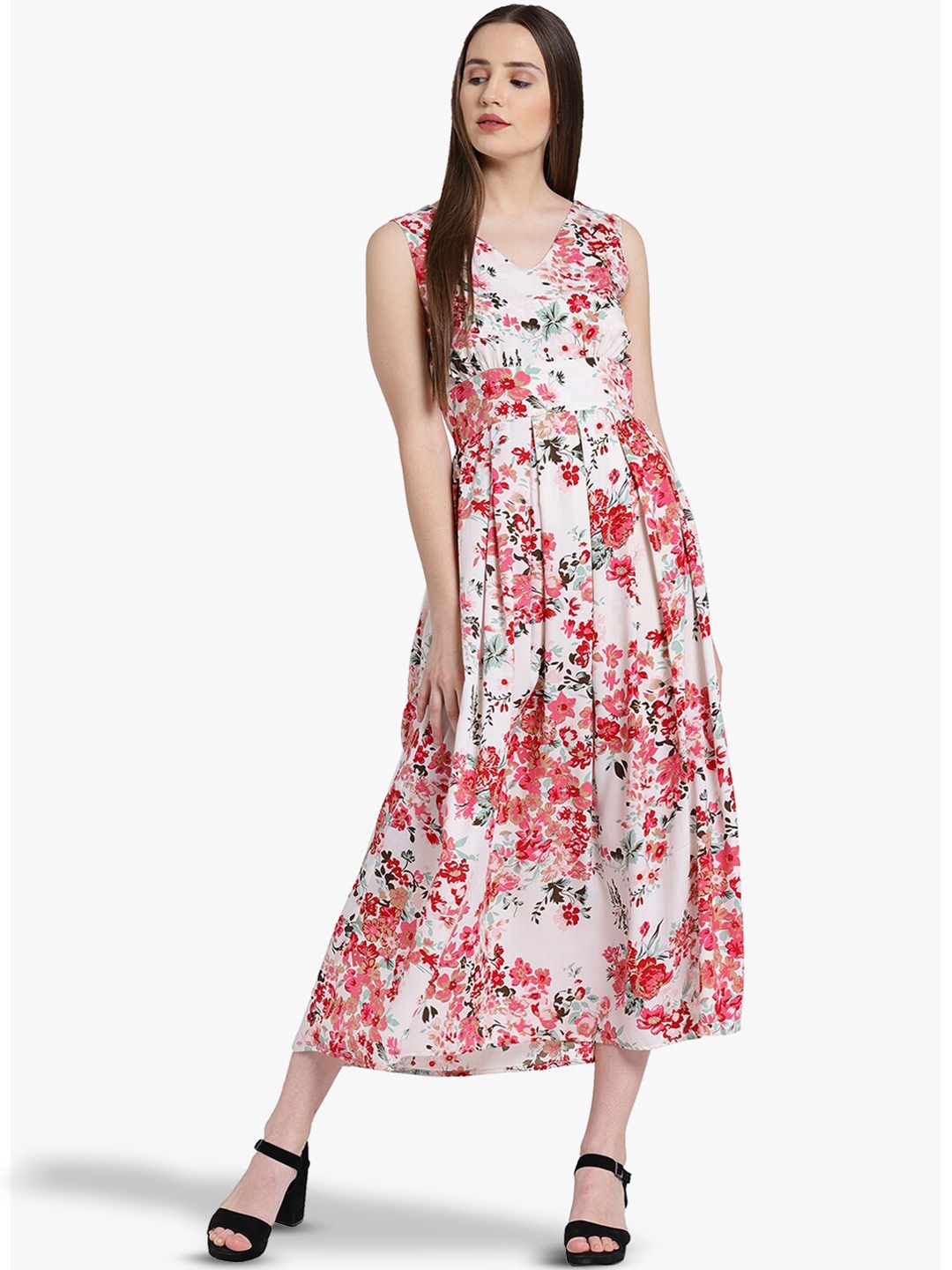 

DODO & MOA Red Floral Printed V-Neck Fit & Flare Midi Dress