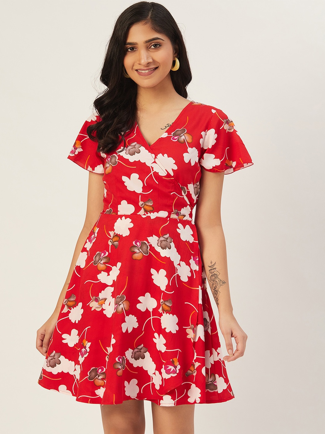 

DODO & MOA V-Neck Floral Print Flared Sleeve Satin Fit & Flare Dress, Red