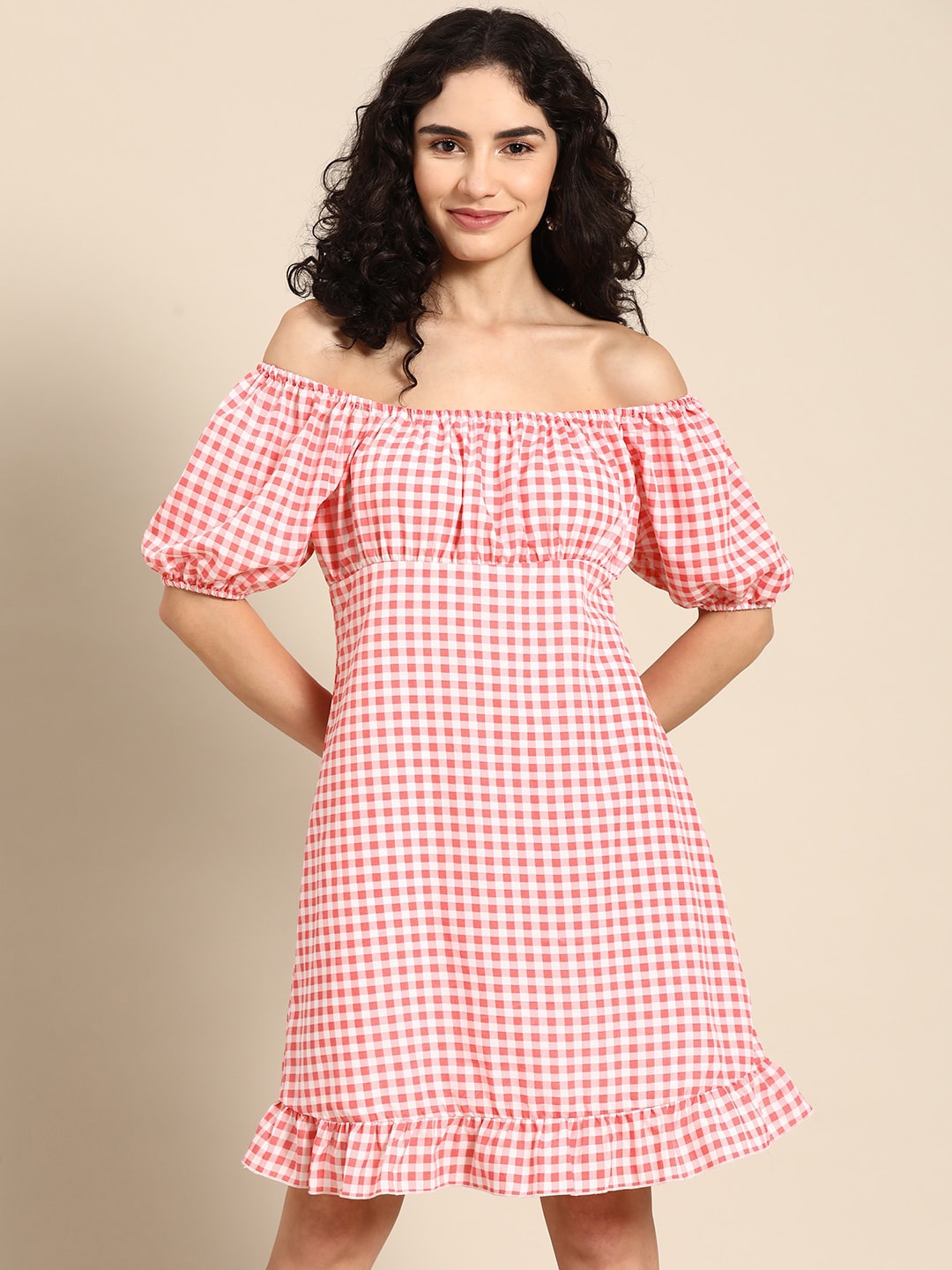 

DODO & MOA Pink Checked Off-Shoulder Puff Sleeve Crepe A-Line Dress