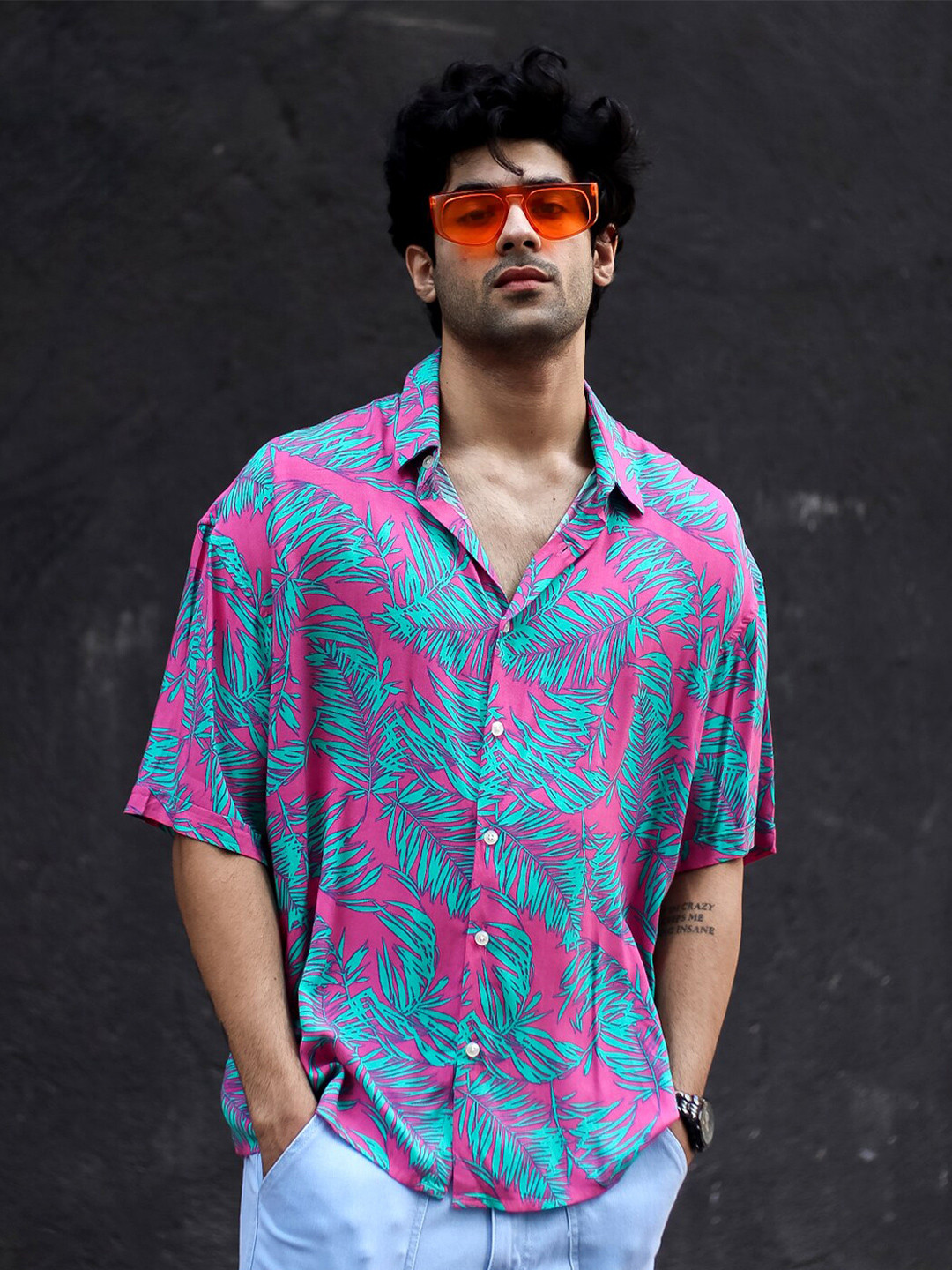 

Powerlook Cuban Collar Boxy Tropical Printed Casual Shirt, Pink