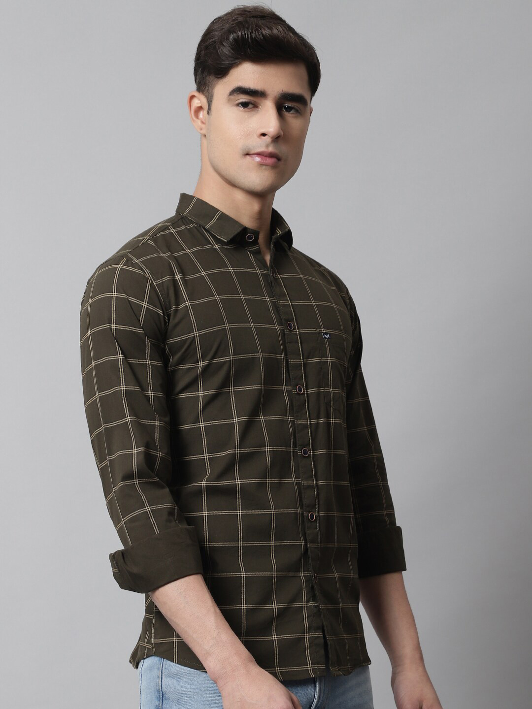 

Majestic Man Smart Slim Fit Windowpane Checked Casual Shirt, Green