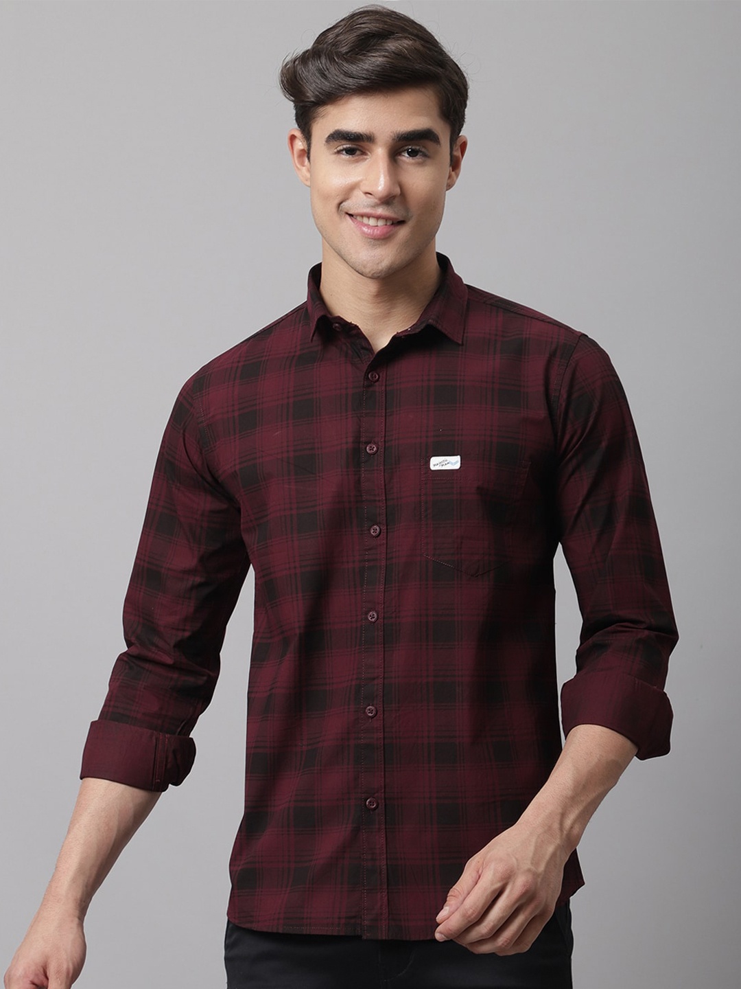 

Majestic Man Smart Slim Fit Tartan Checked Spread Collar Casual Pure Cotton Shirt, Maroon