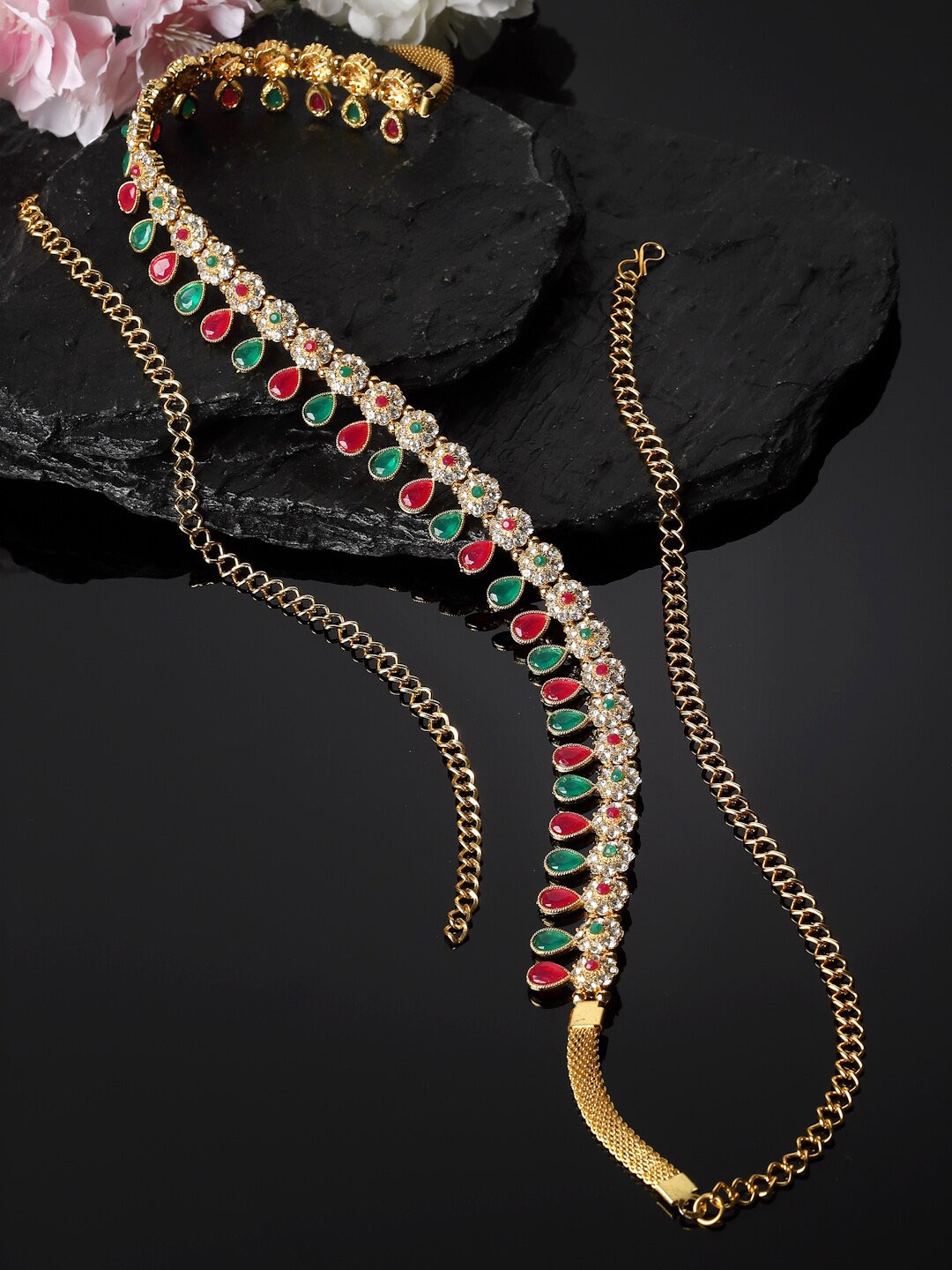 

Sanjog Women Gold-Toned Kundan CZ Studded & Beaded Traditional Kamarbandh