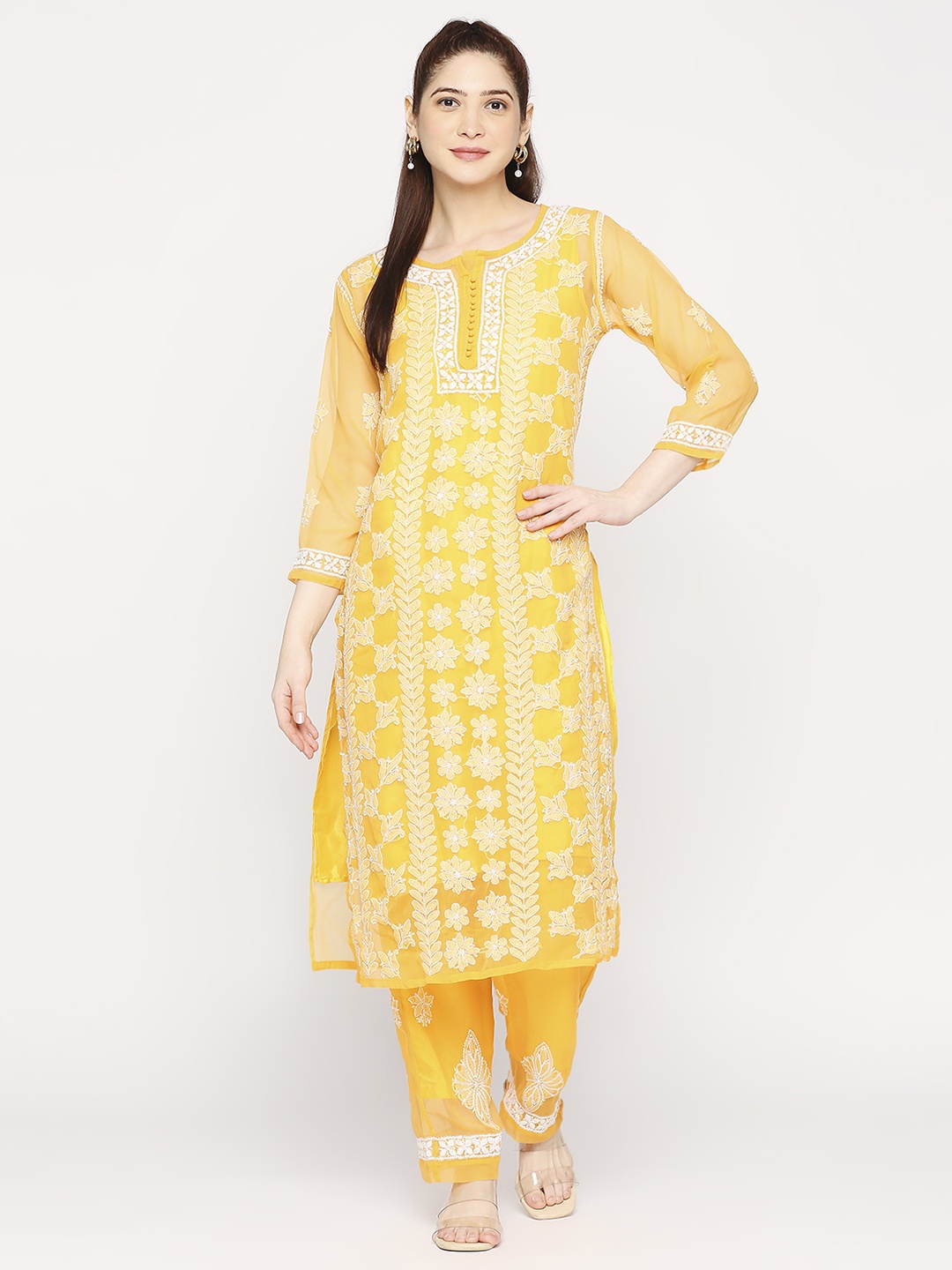 

Indiankala4u Floral Embroidered Chikankari Kurta With Palazzos & Camisole, Mustard