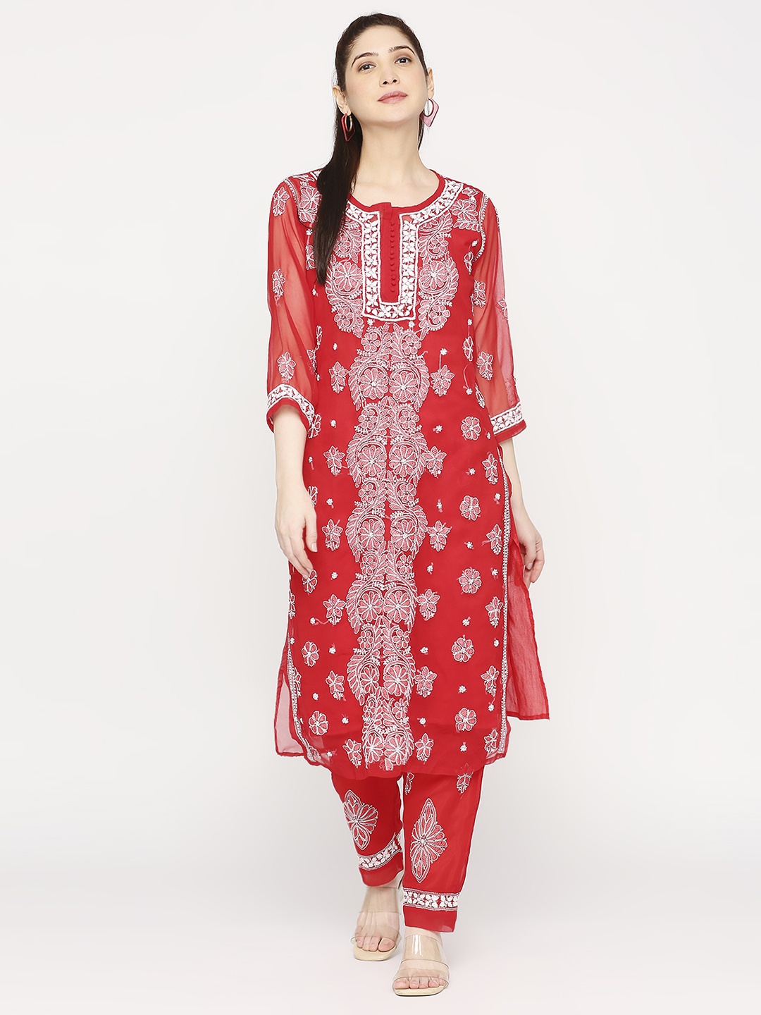 

Indiankala4u Floral Embroidered Chikankari Kurta With Palazzos & Camisole, Red