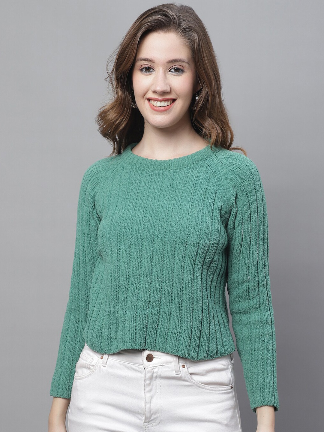 

NoBarr Round Neck Ribbed Pullover Sweater, Green