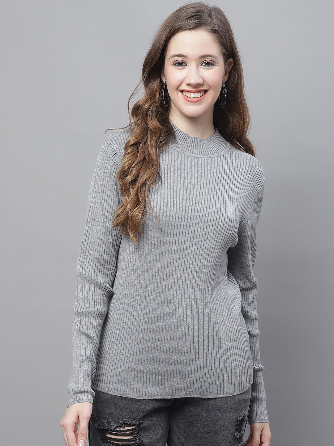

NoBarr Round Neck Ribbed Pullover Sweater, Grey