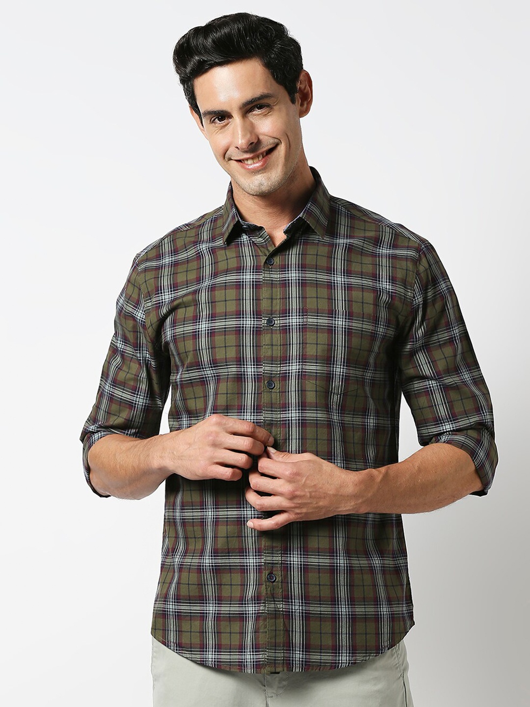 

DRAGON HILL Slim Fit Tartan Checks Cotton Casual Shirt, Green