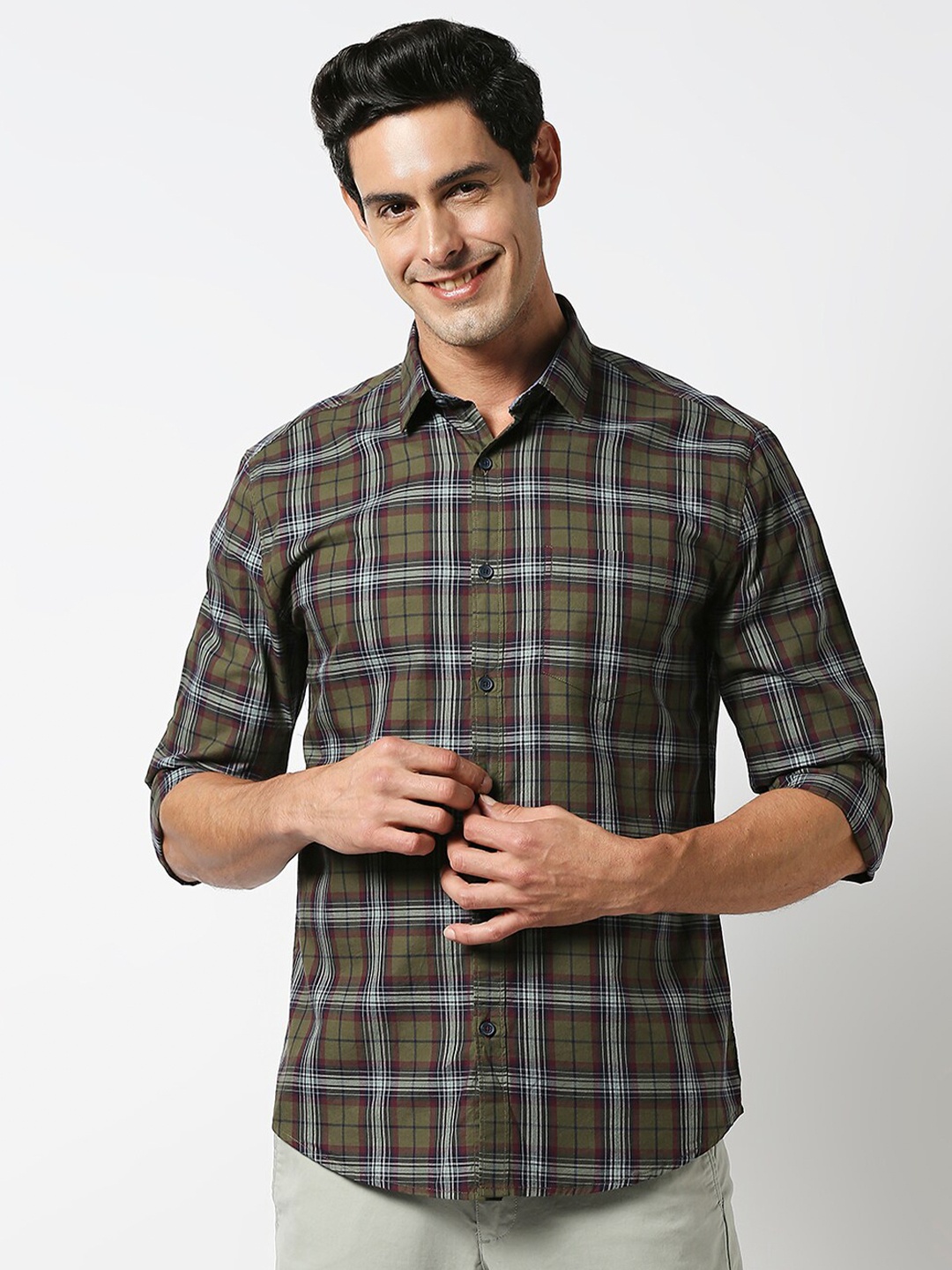 

DRAGON HILL Slim Fit Tartan Checked Twill Casual Cotton Shirt, Green