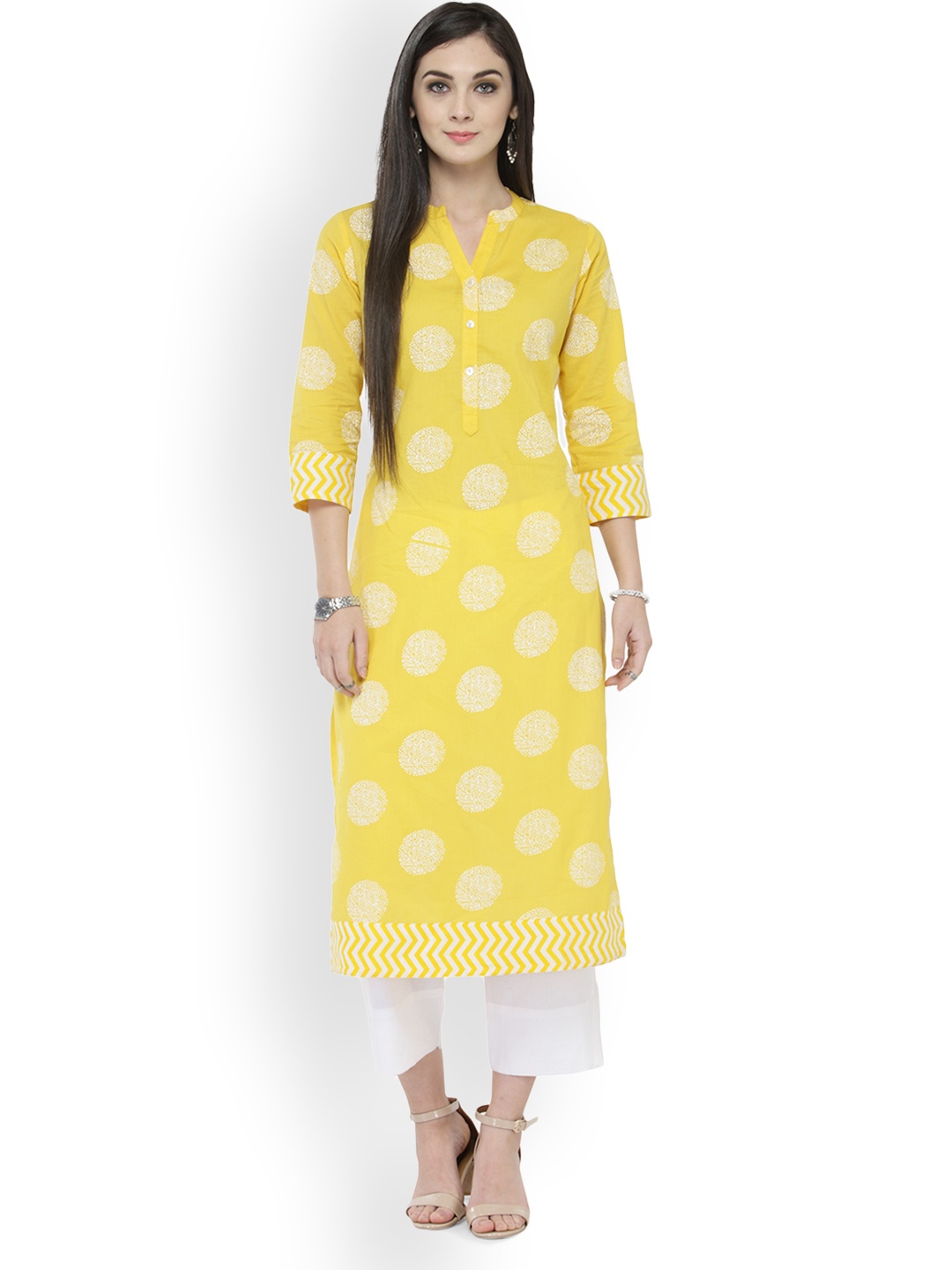 

Varanga Women Yellow & White Printed Kurta with Trousers