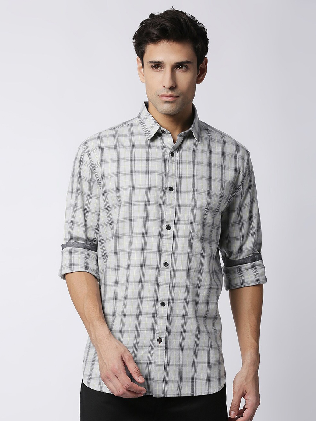 

DRAGON HILL Slim Fit Opaque Checked Twill Casual Cotton Shirt, Grey