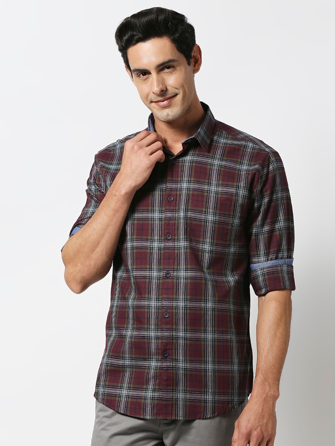 

DRAGON HILL Tartan Checked Spread Collar Cotton Slim Fit Casual Shirt, Maroon