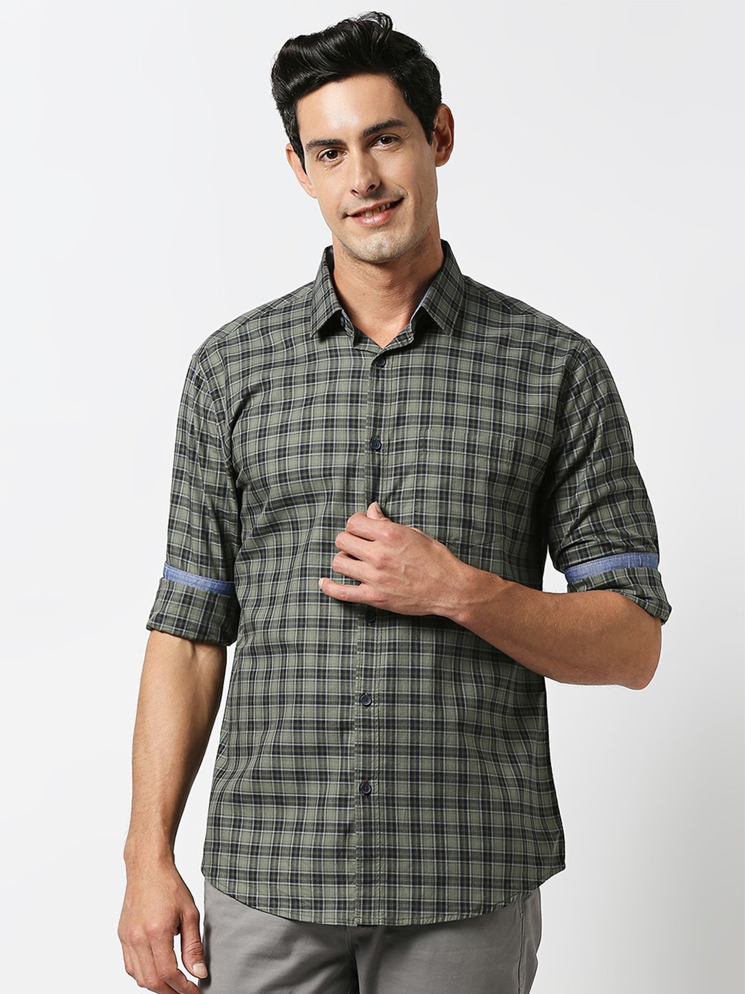 

DRAGON HILL Slim Fit Opaque Checked Cotton Casual Shirt, Green