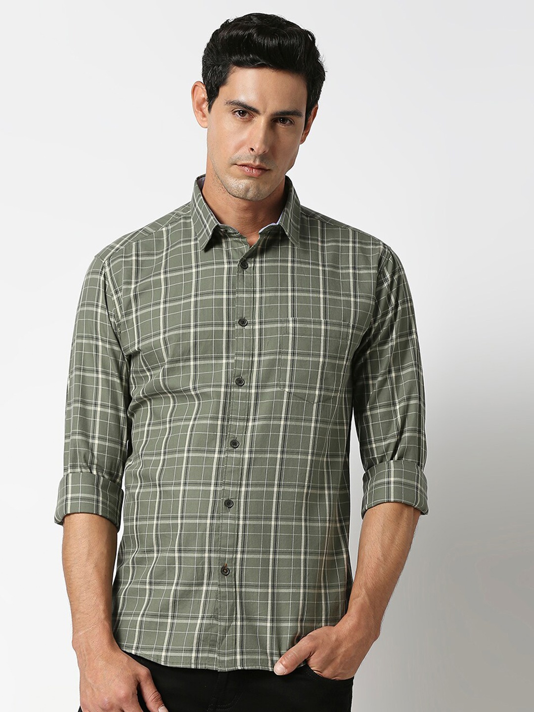 

DRAGON HILL Slim Fit Tartan Checked Twill Casual Cotton Shirt, Olive