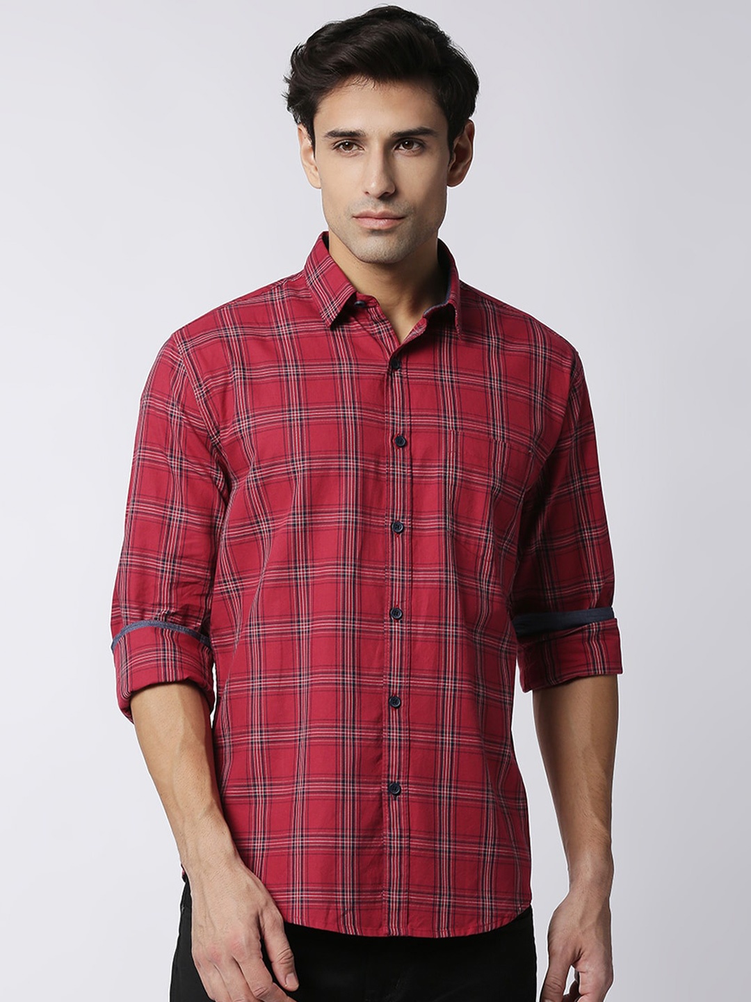 

DRAGON HILL Slim Fit Checked Twill Casual Cotton Shirt, Red