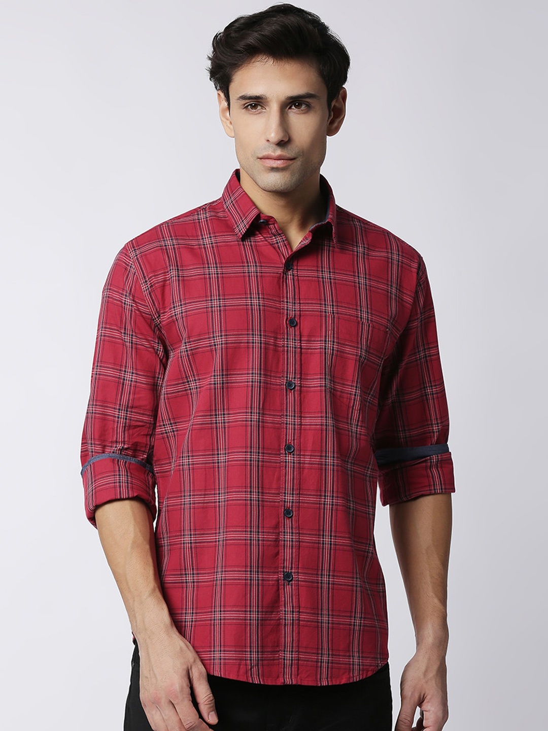 

DRAGON HILL Slim Fit Checked Twill Casual Cotton Shirt, Red