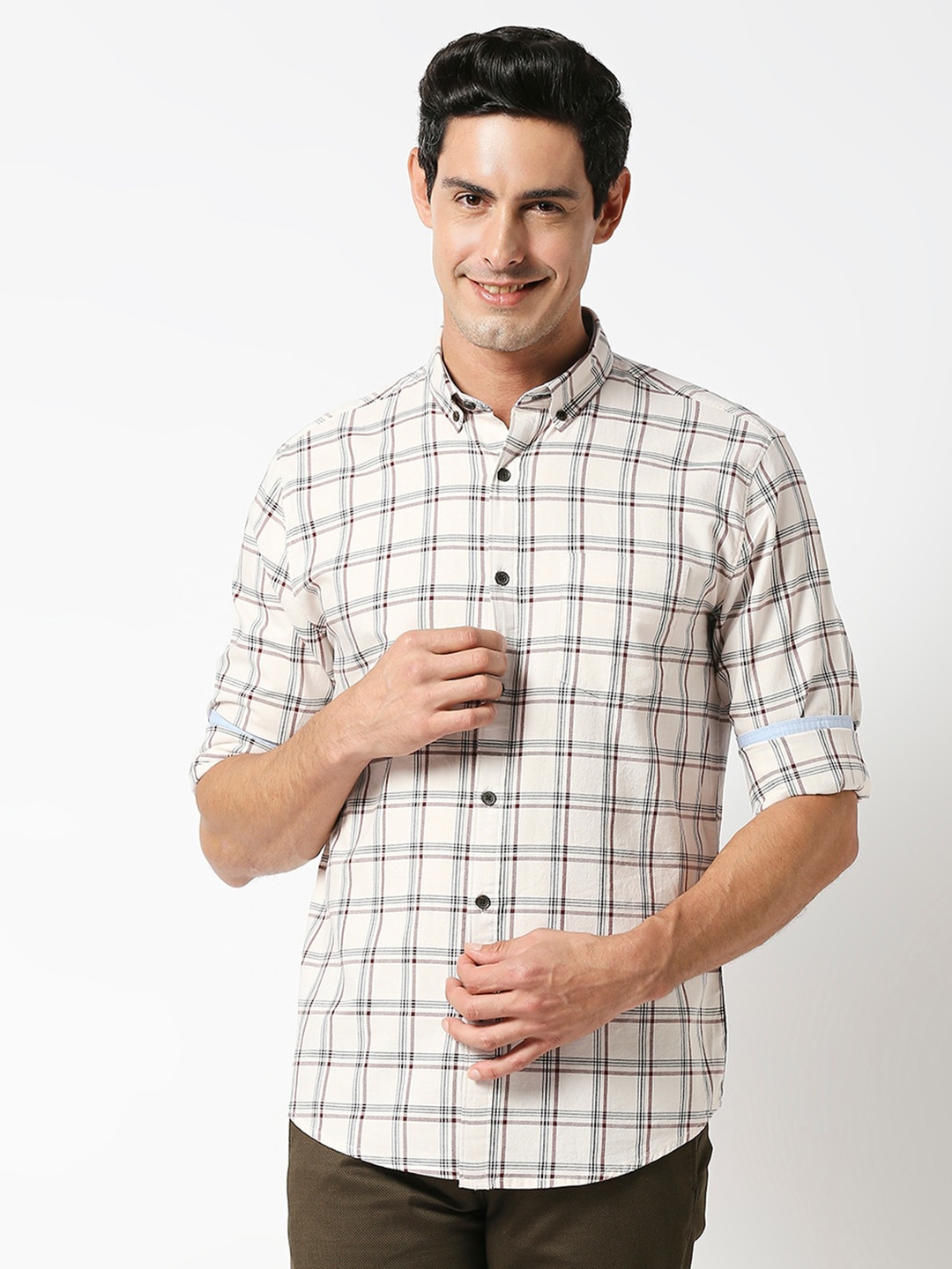 

DRAGON HILL Slim Fit Checked Oxford Casual Cotton Shirt, Cream