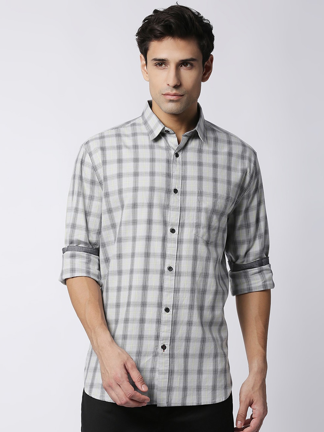 

DRAGON HILL Men Grey Slim Fit Opaque Checked Casual Shirt