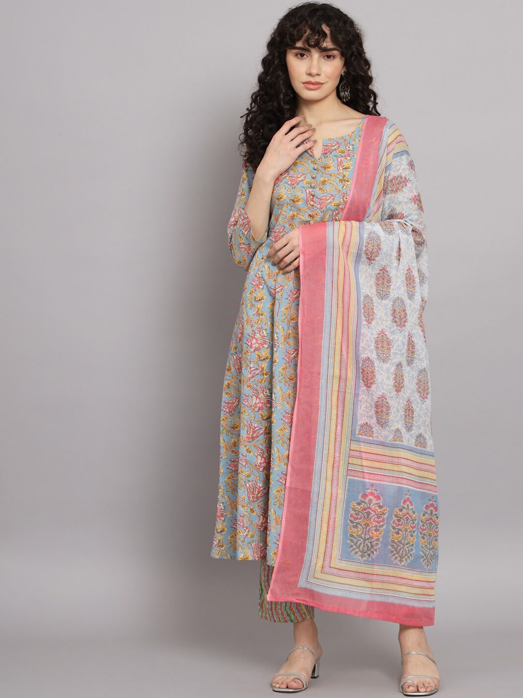 

Silai Bunai Pink & Yellow Floral Printed A-Line Kurta with Palazzos & Dupatta, Blue