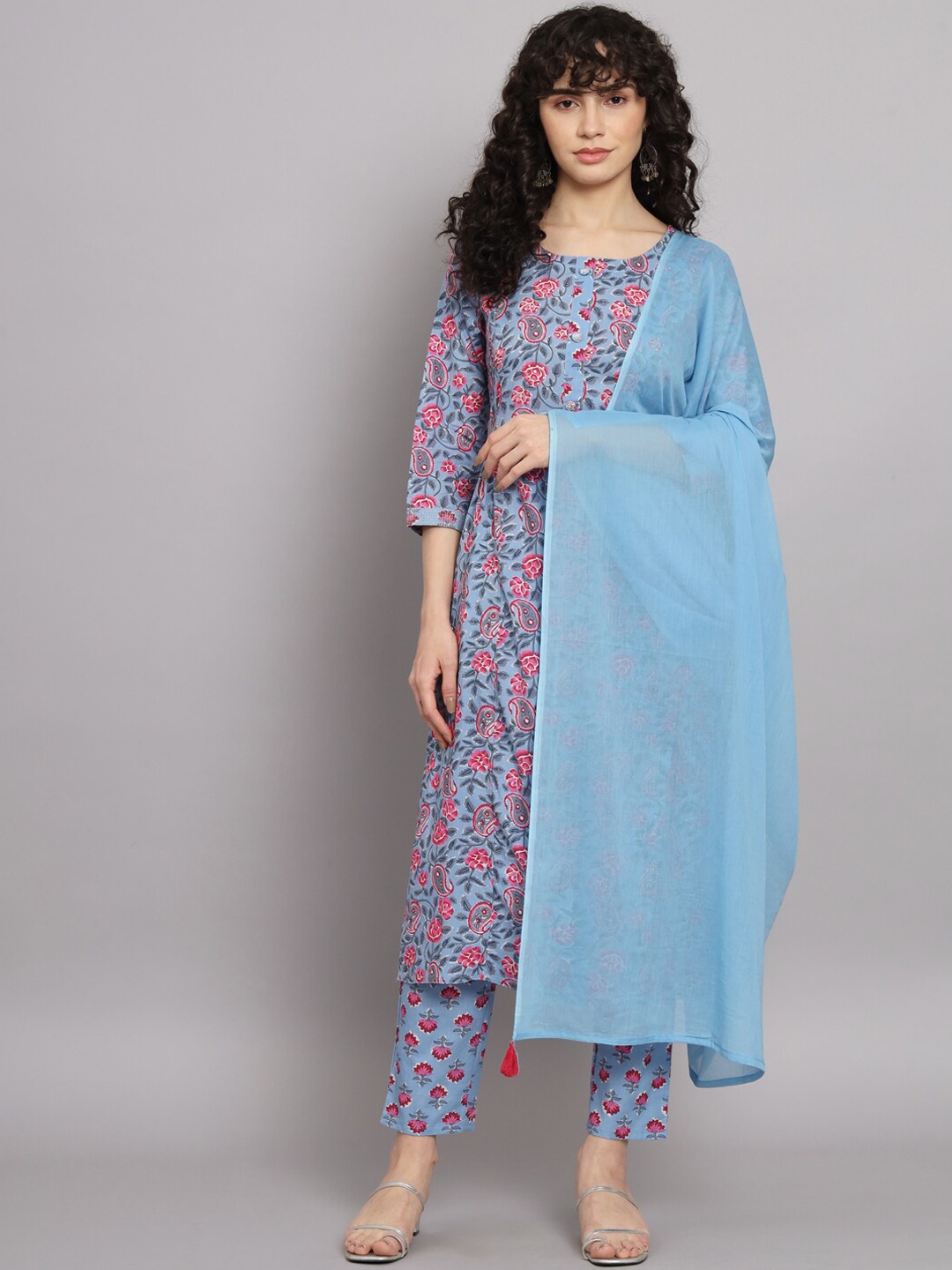 

Silai Bunai Ethnic Motifs Printed Kurta With Palazzos & Dupatta, Blue