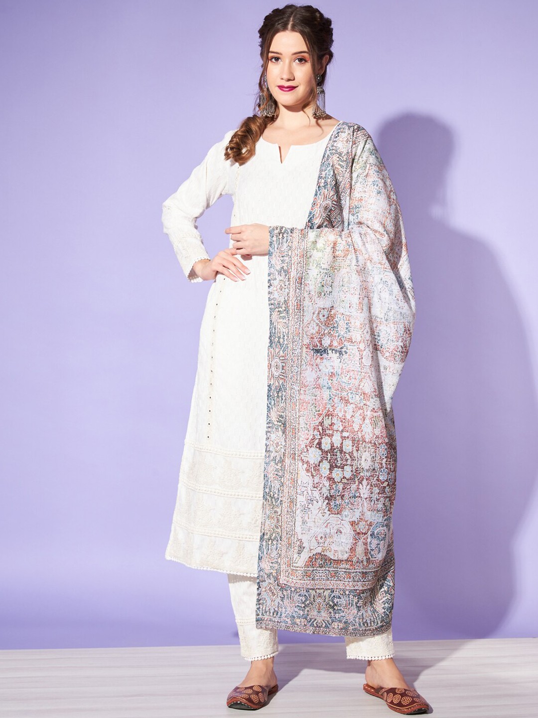 

Silai Bunai Off-White & Brown Embroidered Mirror Work Kurta with Palazzos & Dupatta