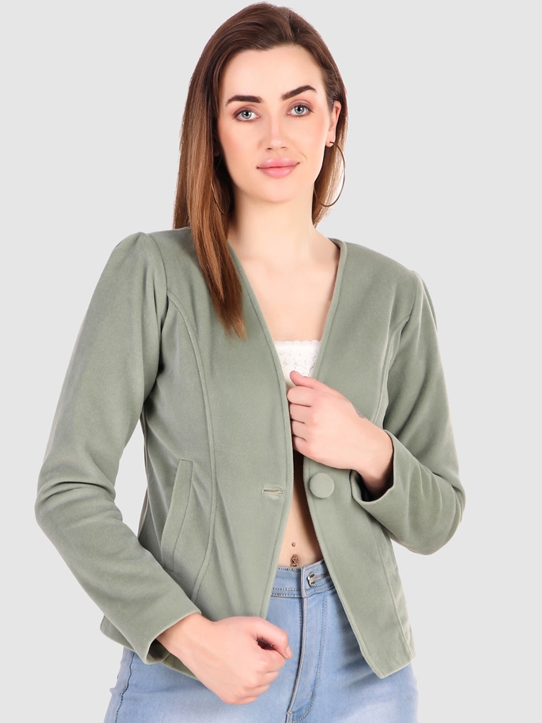 

Leather Retail Crop Tailored Jacket, Green