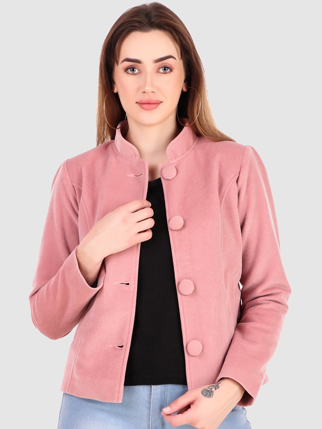 

Leather Retail Stand Collar Crop Tailored Jacket, Pink