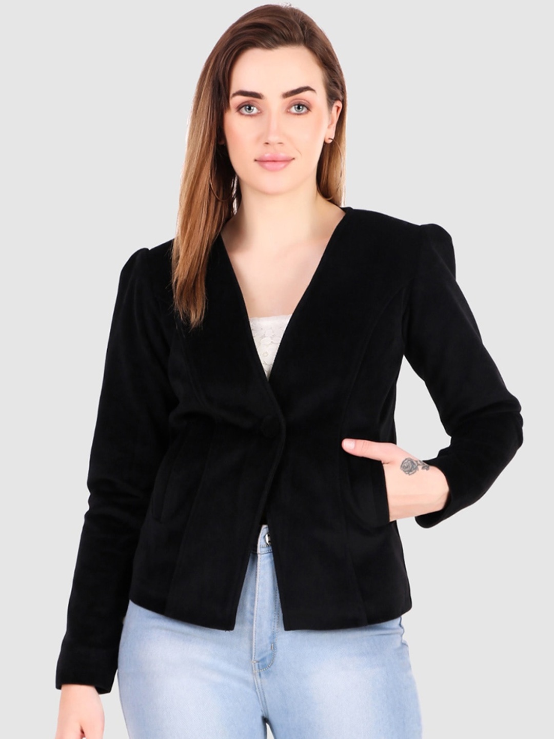 

Leather Retail Crop Tailored Jacket, Black