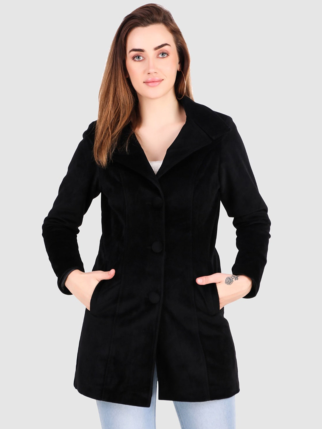 

Leather Retail Lapel Collar Longline Tailored Jacket, Black