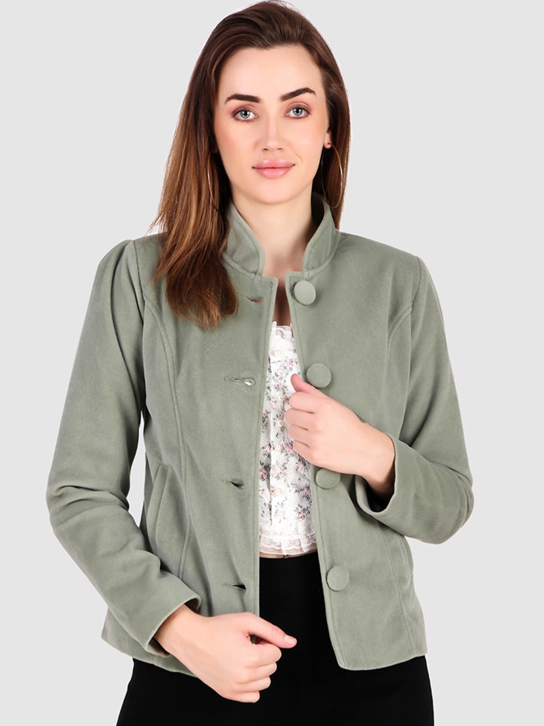 

Leather Retail Stand Collar Crop Tailored Jacket, Green