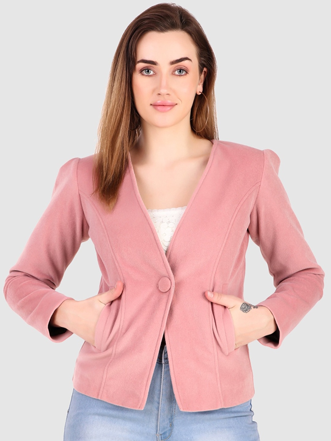 

Leather Retail Crop Tailored Jacket, Pink