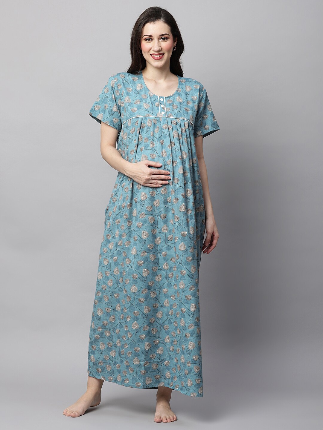 

MomToBe Floral Printed Maternity Maxi Sustainable Nightdress, Blue